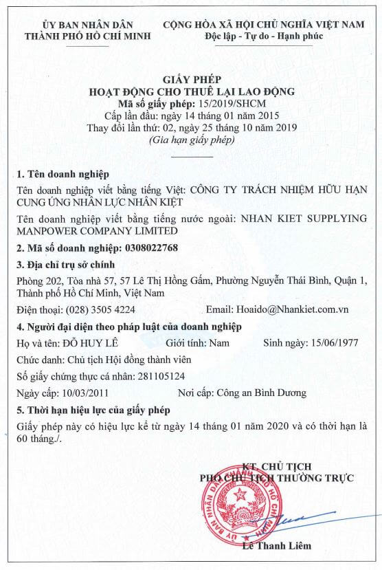 Mẫu giấy phép hoạt động cho thuê lại lao động 